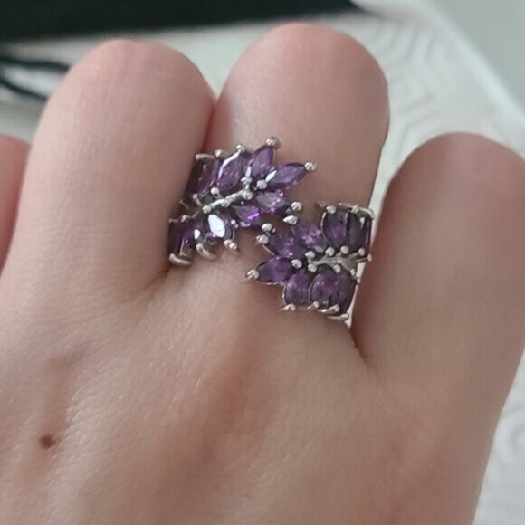 Beautiful Costume Silver Plated Chunky Amethyst Purple Stone Leaf Cocktail Ring - Picture 7 of 7